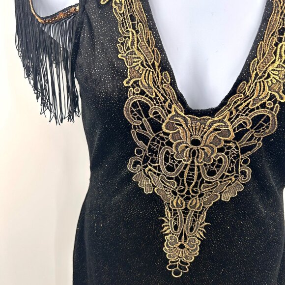 SPIRIT SWANKY FLAPPER GOLD BLACK DRESS & SEQUIN FEATHR HEADBND HALLOWEEN COSTUME - Picture 7 of 7